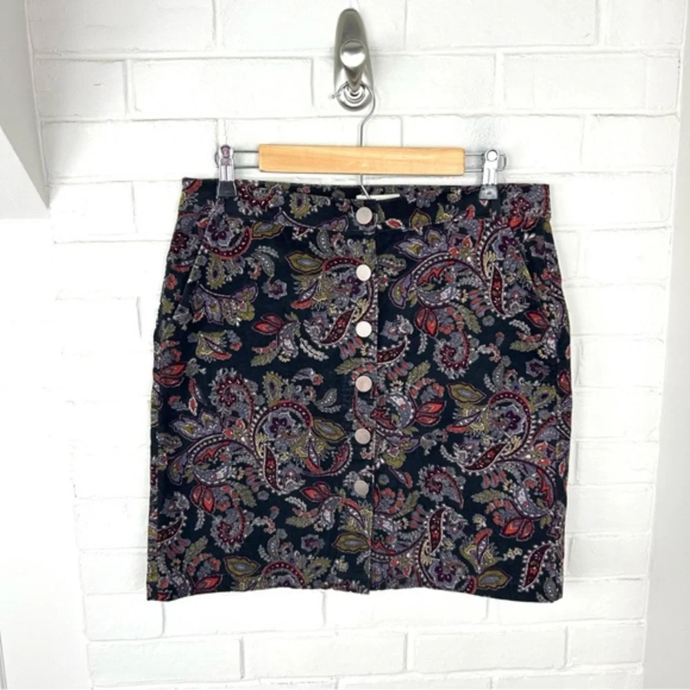 LOFT Paisley Floral Corduroy Button Front Skirt Size 6